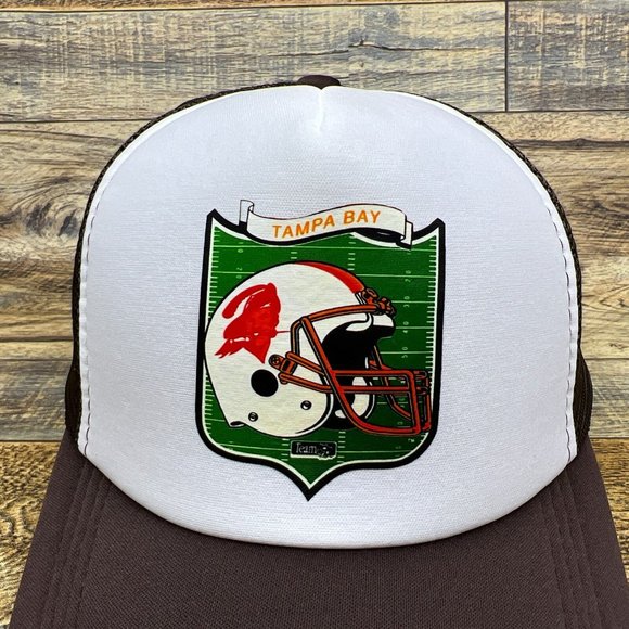 Tampa Bay Buccaneers Mens Trucker Hat Brown Snapback Vintage Logo Football Cap - Picture 3 of 8